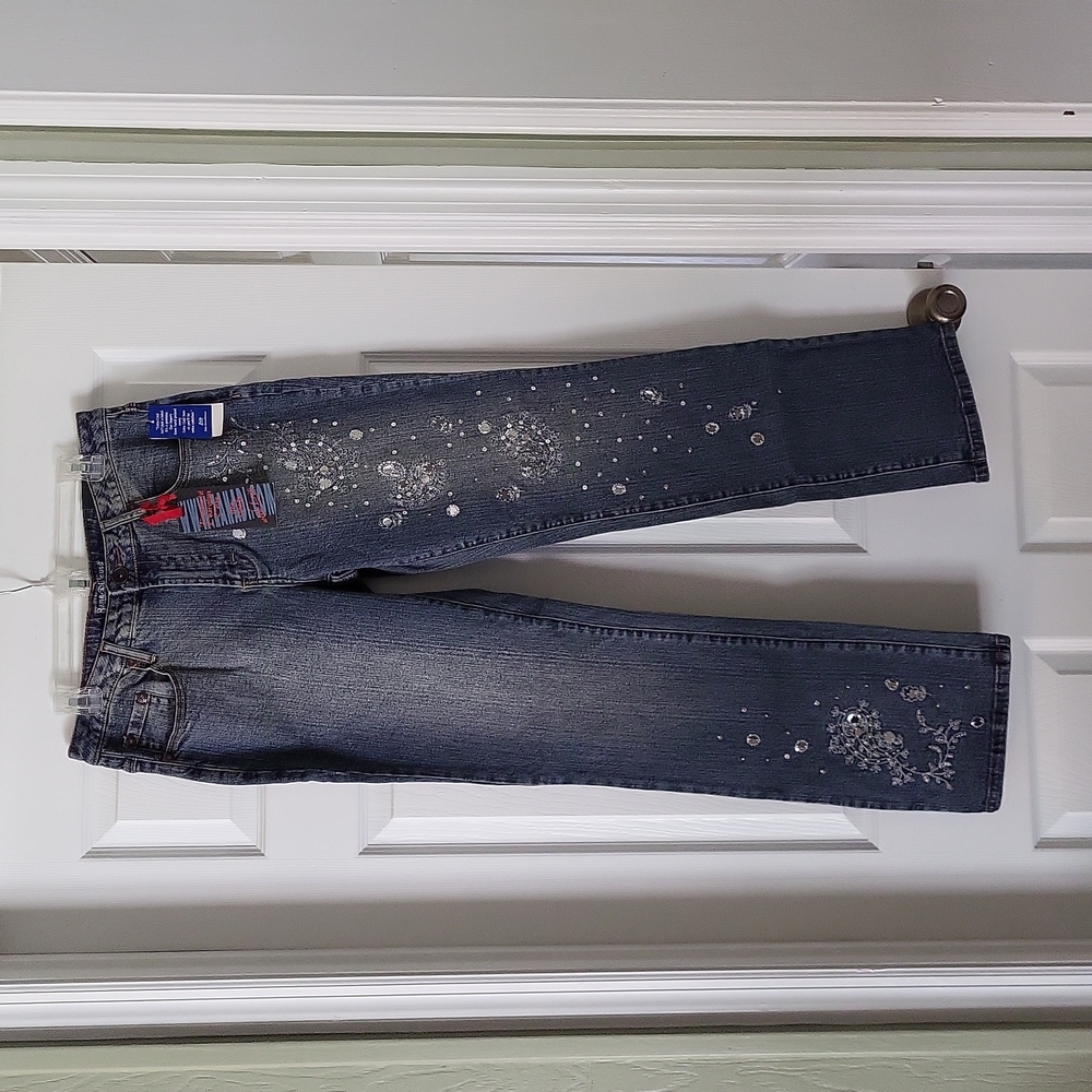 Zana Di Size 14 Navy Denim Jeans Stretch Pockets Sequins Beads $34 New